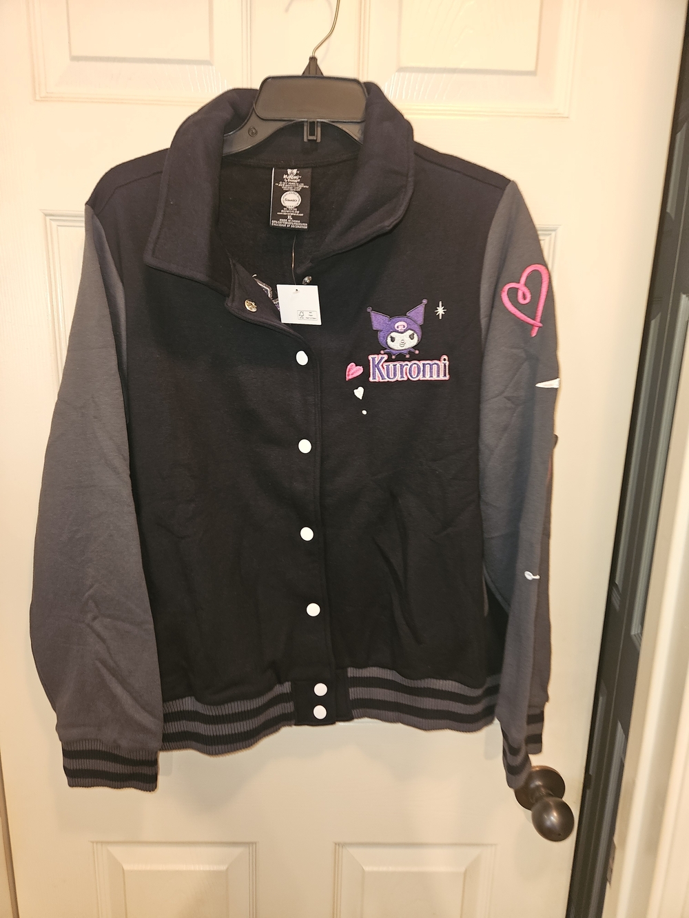 Sanrio Kuromi Black and Gray Bomber Jacket with Pink Accents